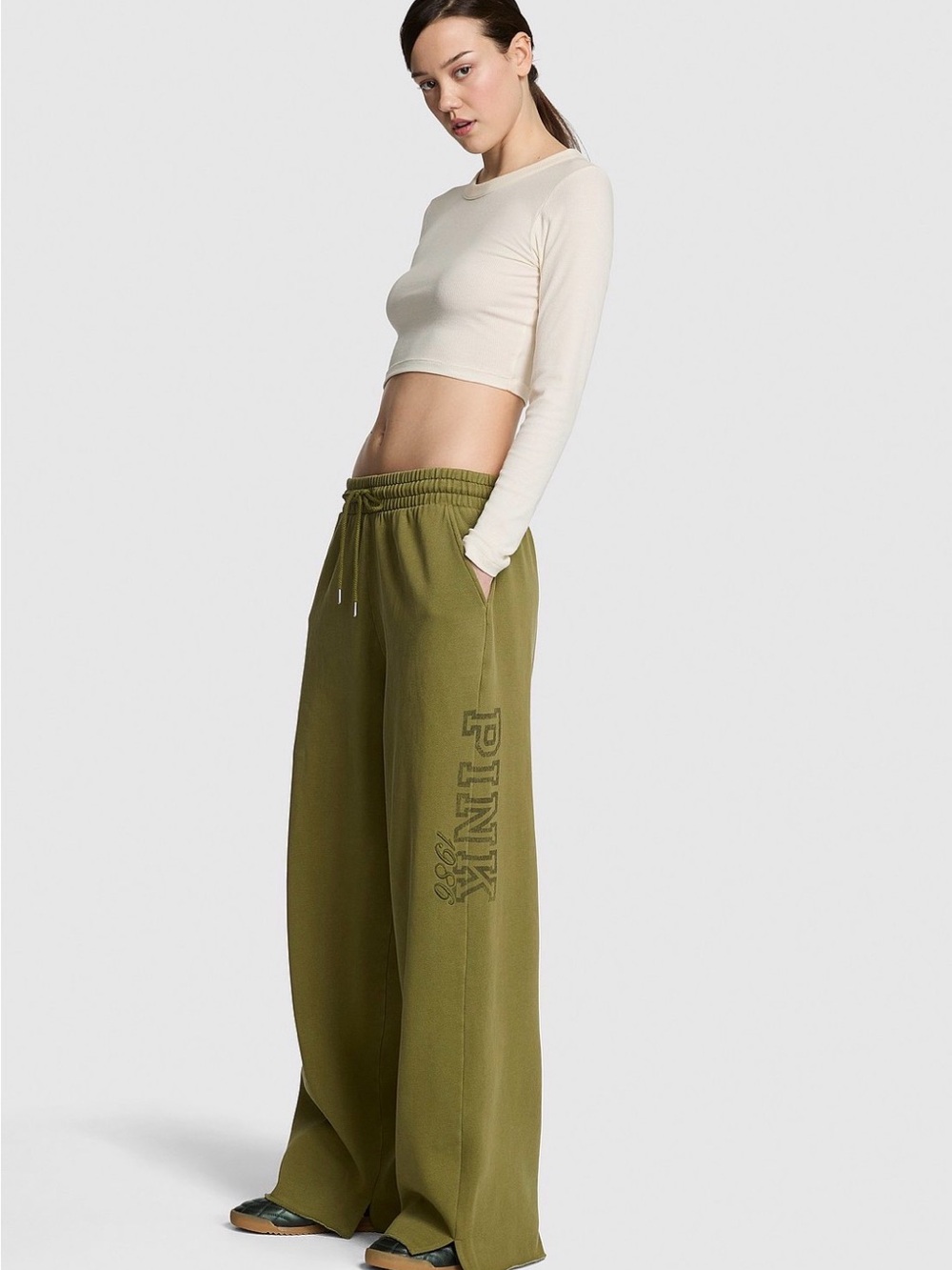 Pink campus fleece wide leg split-hem sweatpants